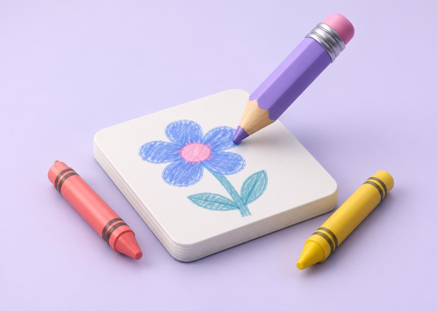 Ilustração 3D de um lápis violeta desenhando uma flor