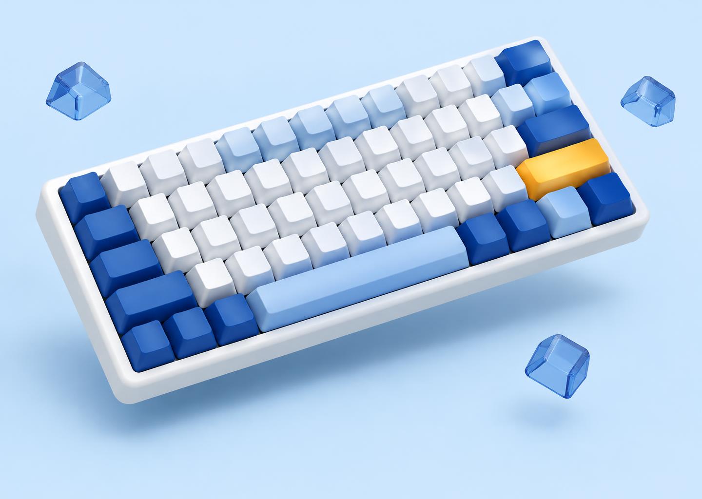 Ilustração 3D de um teclado com teclas azuis, brancas e amarelas